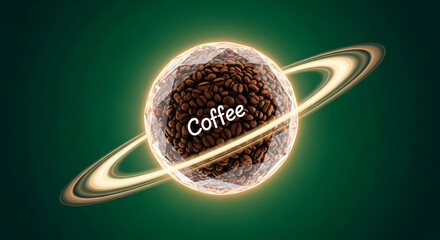 Coffee beans inside a crystal sphere with rings on a green background create a unique and visually appealing coffee concept