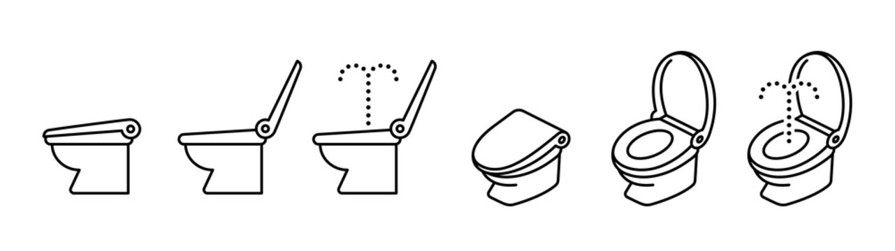 Toilet bowl icon set. Toilet with lid closed, lid open, and water jet spray.