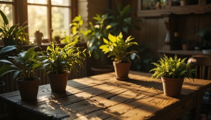 Fototapeta premium Indoor plant arrangement in sunlit room natural decor cozy ambiance home interior aesthetic view