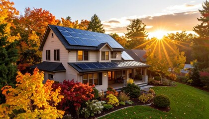 House with solar panels in autumn sunset with fall foliage.