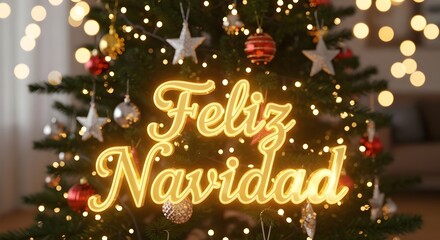 Feliz Navidad text on a Christmas tree with decorations
