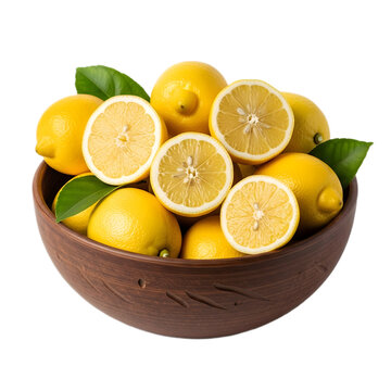 A rustic bowl filled with whole and halved lemons and green leaves.