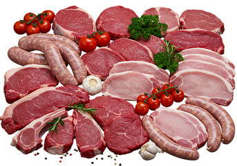 Abundant assortment of fresh raw red meat cuts and sausages for a delicious barbecue feast