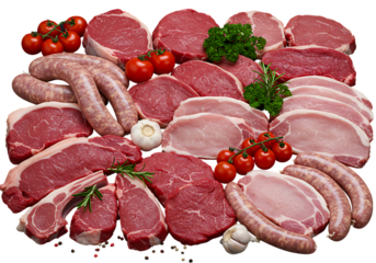 Abundant assortment of fresh raw red meat cuts and sausages for a delicious barbecue feast