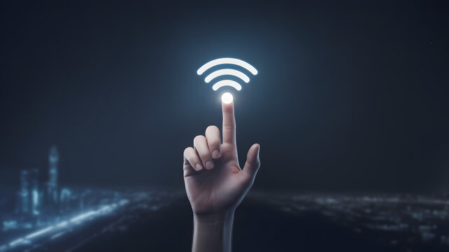 Hand touches glowing WiFi icon over cityscape activating seamless global digital connectivity now