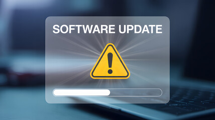 Software update alert on laptop screen indicates system maintenance and security upgrades progress bar on display