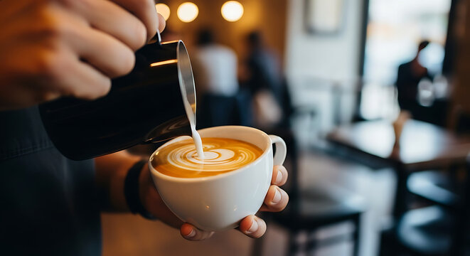 Barista carefully pouring steamed milk into a cup of coffee to create latte art in a cozy coffee shop setting