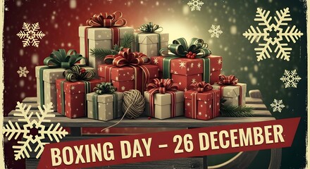 Boxing Day - 26 December with stacked presents, vintage style illustration