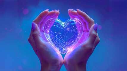 Two hands gently cup a shimmering, glowing heart icon composed of interconnected digital lines and particles, set against a vibrant blue and purple background. This image symbolizes digital connectio