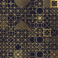 Naklejka premium Ornate geometric pattern with intricate gold line designs on dark background, seamless pattern, Stock royalty image.