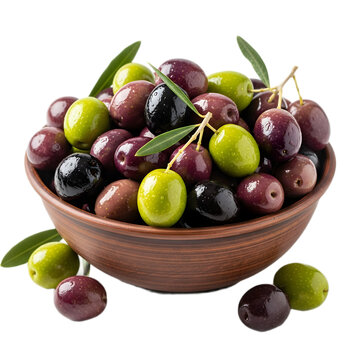 Bowl of colorful olives with leaves, a healthy snack.