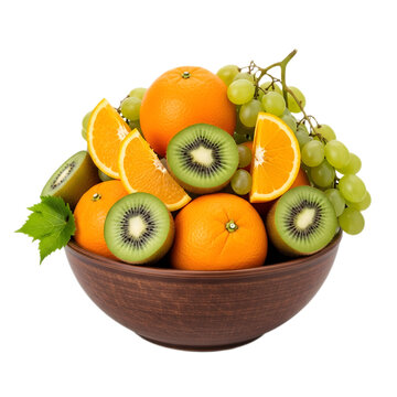 A bowl filled with assorted fresh fruit, including oranges, kiwi, and green grapes.
