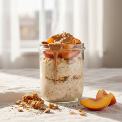 Homemade peach and peanut butter overnight oats in a glass jar, a concept of a healthy meal prep breakfast, clean eating, and a wholesome lifestyle.