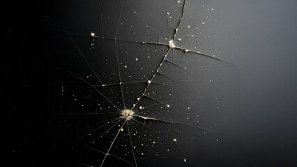 Cracked black glass texture. Macro detail of a broken screen with a spiderweb crack from an impact. Abstract background concept for damage, stress, or failure.

