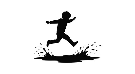 a child silhouette joyfully jumping into puddle creating splash