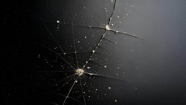 Cracked black glass texture. Macro detail of a broken screen with a spiderweb crack from an impact. Abstract background concept for damage, stress, or failure.

