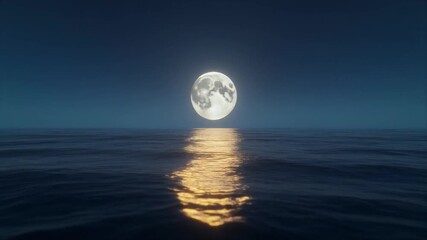 Serene seascape at night with a luminous full moon casting a shimmering golden reflection on the calm ocean - Powered by Adobe
