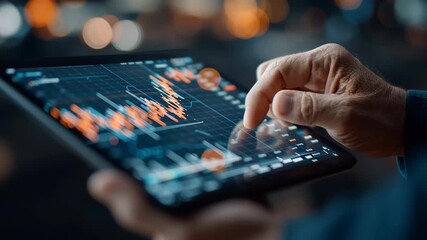 A close-up of a hand interacting with a digital tablet displaying financial data and analytics. - Powered by Adobe