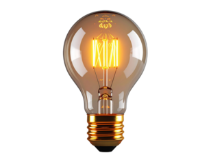 Glowing incandescent light bulb fully visible isolated on transparent background PNG
