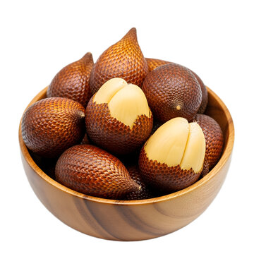 A wooden bowl filled with fresh salak fruits.
