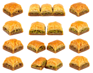 Golden, flaky pastries filled with a sweet, green pistachio filling. A delicious assortment, many pieces shown