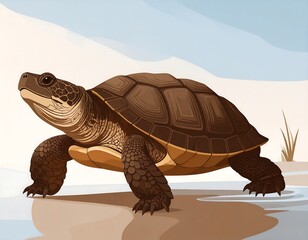 A turtle walking on a light-colored surface
