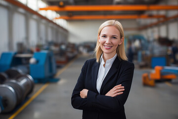 Happy blond businesswoman in formal attire standing confidently at industrial site, smiling and looking at camera, background of modern factory with machinery and equipment, concept of leadership, inn