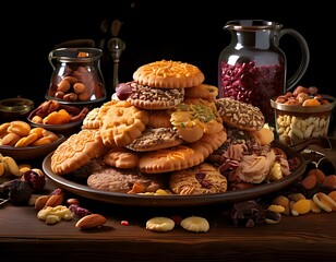 A variety of cookies and nuts on a platter