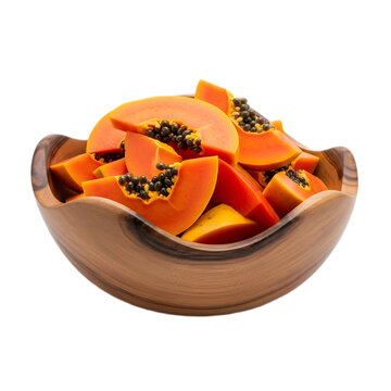 A rustic wooden bowl filled with vibrant orange slices of fresh ripe papaya with black seeds, isolated on a white background.