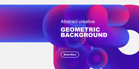Abstract geometric background features vibrant blue, purple shapes. Text overlay includes title, sample text, call to action button. Modern design.