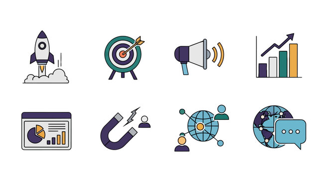Marketing and Business Strategy Icons Set - Rocket, Target, Megaphone, and Growth Chart.