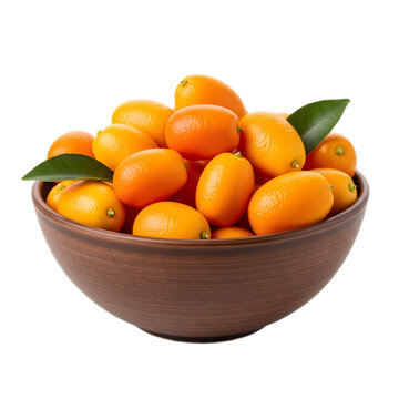 A brown bowl full of kumquats with green leaves.