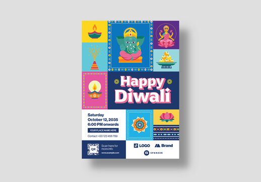 Modern Diwali Flyer Template in Pastel Colours & Flat Illustrations of Ganesh, Lakshmi & Diya Lamps