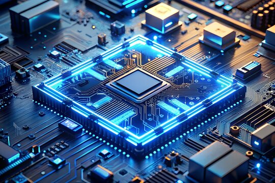 Closeup of a glowing blue central processing unit on a circuit board