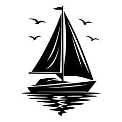 Sailboat Silhouette Logo – Sailing Boat Vector Illustration with Sea Waves and Birds | Nautical Marine Design