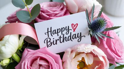 Elegant pink roses and peonies with a Happy Birthday card for a special birthday celebration