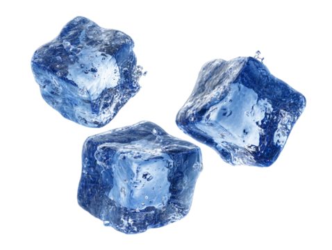 Three floating ice cubes isolated on white background