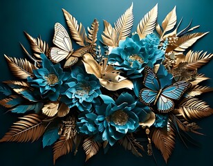 A vibrant arrangement of teal and gold flowers and leaves