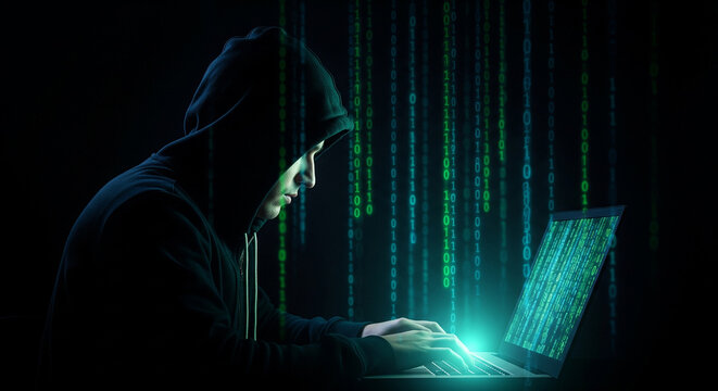 Hacker in dark room with green code - Powered by Adobe