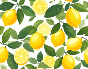A vibrant seamless pattern of lemons and leaves