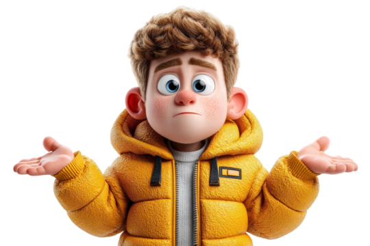 Young boy with curly hair and yellow jacket looking confused, shrugging shoulders with a puzzled expression on his face, cartoon character in vibrant style