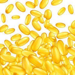 Fototapeta premium Animated golden capsules falling with blurred background for health supplement advertising