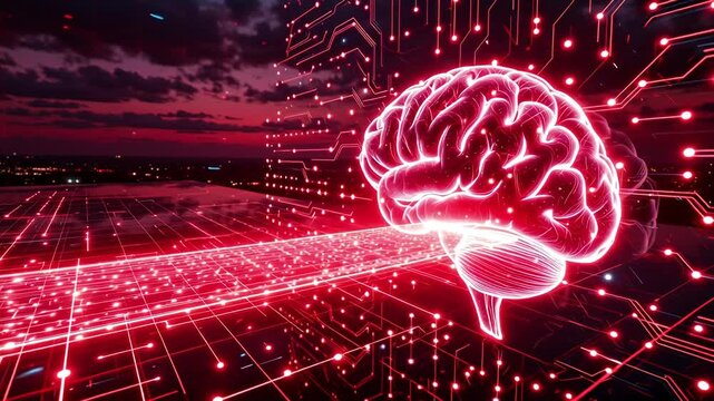 Futuristic Brain Illustration with Neural Connections and Technology Elements at Dusk over Urban Landscape