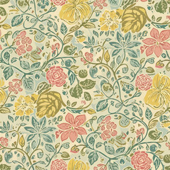 Decorative floral seamless pattern with roses, pansies, and foliage in a vintage style, seamless pattern, Stock royalty.