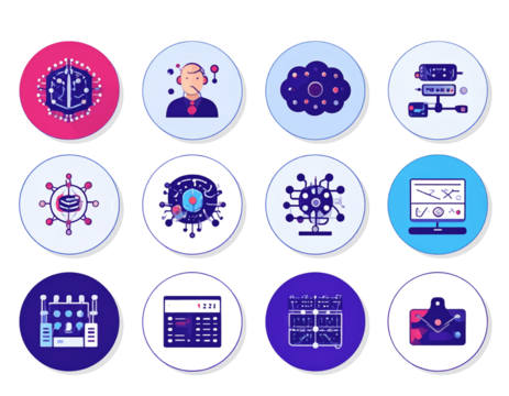 Flat Duotone Icons Set Representing Data Science, Deep Learning, and Algorithms, Transparent PNG