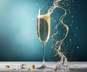 Elegant champagne flute with sparkling bubbles and golden swirl splash, refined blue-bokeh studio scene for celebration, toasts, weddings, and festive luxury branding.