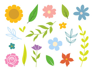 Collection of colorful flowers and leaves vector.