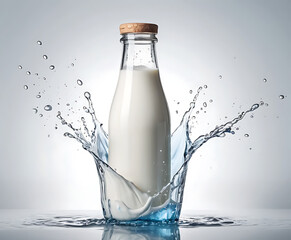 Classic glass milk bottle sealed with wooden cap exploding through water splash, minimalist white studio beverage concept for fresh dairy, breakfast menus, and wholesome nutrition.