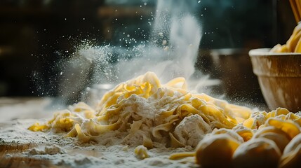Homemade pasta preparation in rustic kitchen with cinematic flour explosion, artisanal cooking scene in dramatic food photography style
