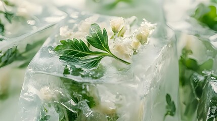 Macro photography of frozen herbs inside crystal-clear ice blocks, creative culinary concept with fresh organic detail
